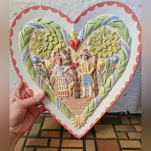 Chalkware Plaque Wedding Heart Handpainted Yana Laxa 1974
